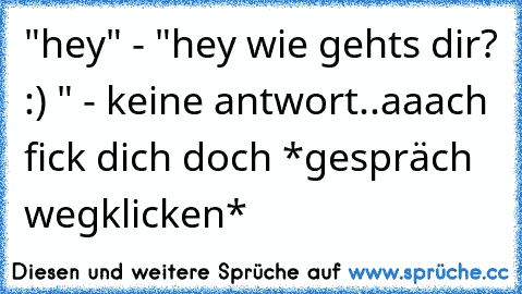 "hey" - "hey wie gehts dir? :) " - keine antwort..aaach fick dich doch *gespräch wegklicken*