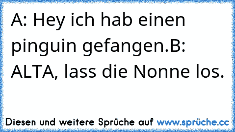 A: Hey ich hab einen pinguin gefangen.
B: ALTA, lass die Nonne los.