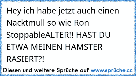 Hey ich habe jetzt auch einen Nacktmull so wie Ron Stoppable
ALTER!! HAST DU ETWA MEINEN HAMSTER RASIERT?!