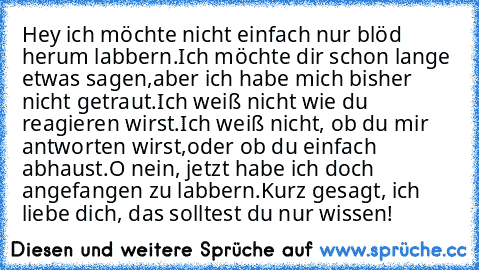 Hey ich möchte nicht einfach nur blöd herum labbern.
Ich möchte dir schon lange etwas sagen,
aber ich habe mich bisher nicht getraut.
Ich weiß nicht wie du reagieren wirst.
Ich weiß nicht, ob du mir antworten wirst,
oder ob du einfach abhaust.
O nein, jetzt habe ich doch angefangen zu labbern.
Kurz gesagt, ich liebe dich, das solltest du nur wissen!
♥