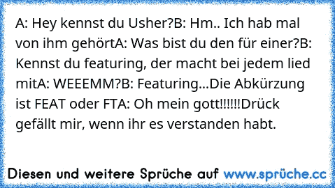 A: Hey kennst du Usher?
B: Hm.. Ich hab mal von ihm gehört
A: Was bist du den für einer?
B: Kennst du featuring, der macht bei jedem lied mit
A: WEEEMM?
B: Featuring...Die Abkürzung ist FEAT oder FT
A: Oh mein gott!!!!!!
Drück gefällt mir, wenn ihr es verstanden habt.