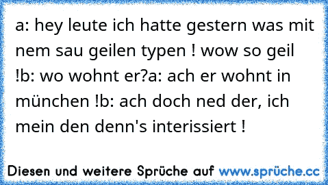 a: hey leute ich hatte gestern was mit nem sau geilen typen ! wow so geil !
b: wo wohnt er?
a: ach er wohnt in münchen !
b: ach doch ned der, ich mein den denn's interissiert !