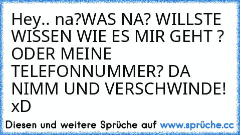 Hey.. na?
WAS NA? WILLSTE WISSEN WIE ES MIR GEHT ? ODER MEINE TELEFONNUMMER? DA NIMM UND VERSCHWINDE! xD