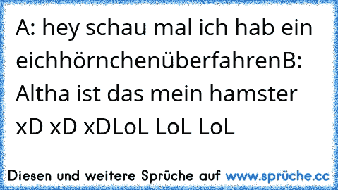 A: hey schau mal ich hab ein eichhörnchen
überfahren
B: Altha ist das mein hamster 
xD xD xD
LoL LoL LoL