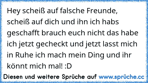 Hey scheiß auf falsche Freunde, scheiß auf dich und ihn ich habs geschafft brauch euch nicht das habe ich jetzt gecheckt und jetzt lasst mich in Ruhe ich mach mein Ding und ihr könnt mich mal! :D