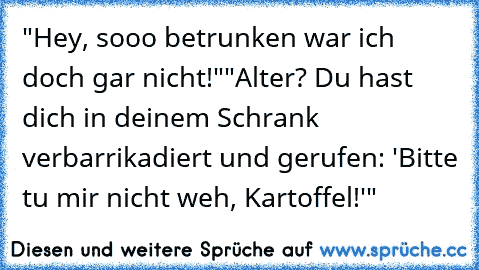 "Hey, sooo betrunken war ich doch gar nicht!"
"Alter? Du hast dich in deinem Schrank verbarrikadiert und gerufen: 'Bitte tu mir nicht weh, Kartoffel!'"