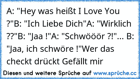 A: "Hey was heißt I Love You ?"
B: "Ich Liebe Dich"
A: "Wirklich ??"
B: "Jaa !"
A: "Schwööör ?!"
... B: "Jaa, ich schwöre !"
Wer das checkt drückt Gefällt mir ♥