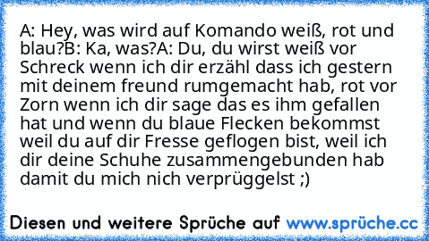 A: Hey, was wird auf Komando weiß, rot und blau?
B: Ka, was?
A: Du, du wirst weiß vor Schreck wenn ich dir erzähl dass ich gestern mit deinem freund rumgemacht hab, rot vor Zorn wenn ich dir sage das es ihm gefallen hat und wenn du blaue Flecken bekommst weil du auf dir Fresse geflogen bist, weil ich dir deine Schuhe zusammengebunden hab damit du mich nich verprüggelst ;)