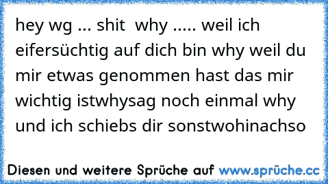 hey wg ... shit
  why ..... weil ich eifersüchtig auf dich bin why weil du mir etwas genommen hast das mir wichtig ist
why
sag noch einmal why und ich schiebs dir sonstwohin
achso