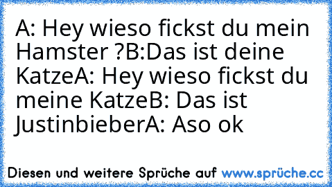 A: Hey wieso fickst du mein Hamster ?
B:Das ist deine Katze
A: Hey wieso fickst du meine Katze
B: Das ist Justinbieber
A: Aso ok