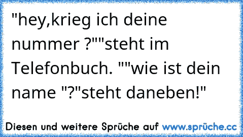 "hey,krieg ich deine nummer ?"
"steht im  Telefonbuch. "
"wie ist dein name "?
"steht daneben!"