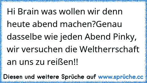 Hi Brain was wollen wir denn heute abend machen?
Genau dasselbe wie jeden Abend Pinky, wir versuchen die Weltherrschaft an uns zu reißen!!