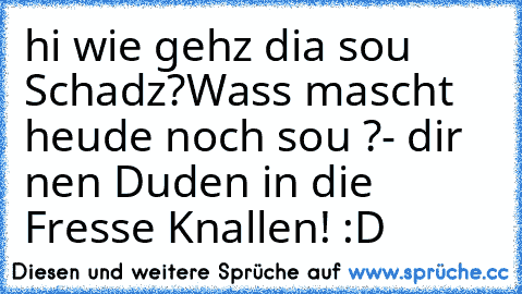 hi wie gehz dia sou Schadz?
Wass mascht heude noch sou ?
- dir nen Duden in die Fresse Knallen! :D