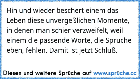 Hin und wieder beschert einem das Leben diese unvergeßlichen Momente, in denen man schier verzweifelt, weil einem die passende Worte, die Sprüche eben, fehlen. Damit ist jetzt Schluß.