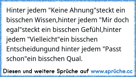 Hinter jedem "Keine Ahnung"
steckt ein bisschen Wissen,
hinter jedem "Mir doch egal"
steckt ein bisschen Gefühl,
hinter jedem "Vielleicht"
ein bisschen Entscheidung
und hinter jedem "Passt schon"
ein bisschen Qual.