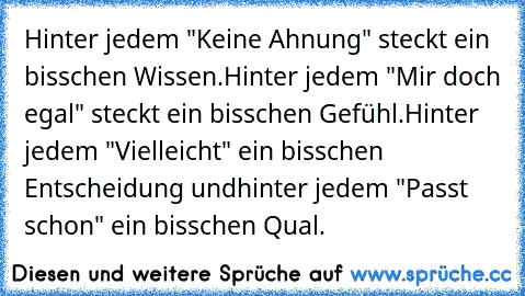 Hinter jedem "Keine Ahnung" steckt ein bisschen Wissen.
Hinter jedem "Mir doch egal" steckt ein bisschen Gefühl.
Hinter jedem "Vielleicht" ein bisschen Entscheidung und
hinter jedem "Passt schon" ein bisschen Qual. ♥♥♥