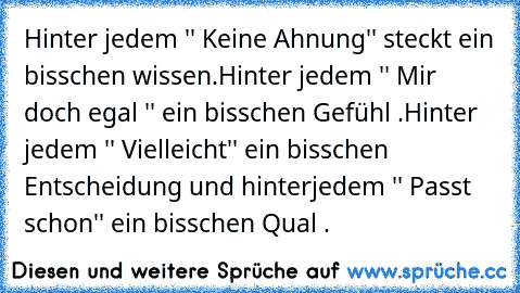 Hinter jedem '' Keine Ahnung'' steckt ein bisschen wissen.
Hinter jedem '' Mir doch egal '' ein bisschen Gefühl .
Hinter jedem '' Vielleicht'' ein bisschen Entscheidung und hinter
jedem '' Passt schon'' ein bisschen Qual . ♥ ♥