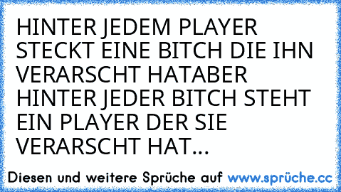 HINTER JEDEM PLAYER STECKT EINE BITCH DIE IHN VERARSCHT HAT
ABER HINTER JEDER BITCH STEHT EIN PLAYER DER SIE VERARSCHT HAT...