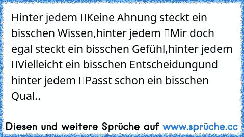 Hinter jedem “Keine Ahnung” steckt ein bisschen Wissen,
hinter jedem “Mir doch egal” steckt ein bisschen Gefühl,
hinter jedem “Vielleicht” ein bisschen Entscheidung
und hinter jedem “Passt schon” ein bisschen Qual..