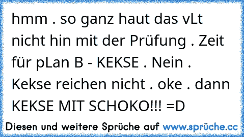 hmm . so ganz haut das vLt nicht hin mit der Prüfung . Zeit für pLan B - KEKSE . Nein . Kekse reichen nicht . oke . dann KEKSE MIT SCHOKO!!! =D