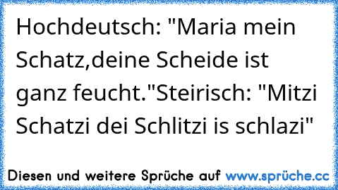 Hochdeutsch: "Maria mein Schatz,deine Scheide ist ganz feucht."
Steirisch: "Mitzi Schatzi dei Schlitzi is schlazi"