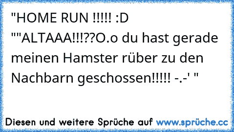 "HOME RUN !!!!! :D "
"ALTAAA!!!??O.o du hast gerade meinen Hamster rüber zu den Nachbarn geschossen!!!!! -.-' "