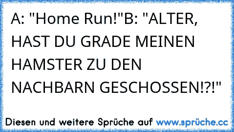 A: "Home Run!"
B: "ALTER, HAST DU GRADE MEINEN HAMSTER ZU DEN NACHBARN GESCHOSSEN!?!"