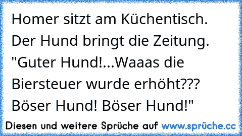 Homer sitzt am Küchentisch. Der Hund bringt die Zeitung. "Guter Hund!...Waaas die Biersteuer wurde erhöht??? Böser Hund! Böser Hund!"