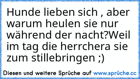 Hunde lieben sich , aber warum heulen sie nur während der nacht?
Weil im tag die herrchera sie  zum stillebringen ;)