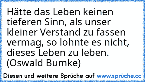 Hätte das Leben keinen tieferen Sinn, als unser kleiner Verstand zu fassen vermag, so lohnte es nicht, dieses Leben zu leben. (Oswald Bumke)