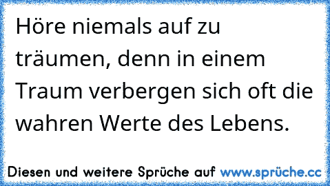 Höre niemals auf zu träumen, denn in einem Traum verbergen sich oft die wahren Werte des Lebens. ♥