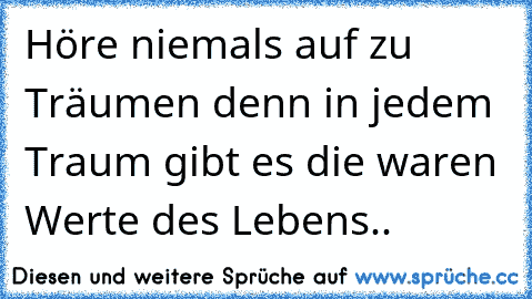 Höre niemals auf zu Träumen denn in jedem Traum gibt es die waren Werte des Lebens..