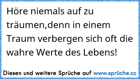 Höre niemals auf zu träumen,
denn in einem Traum verbergen sich oft die wahre Werte des Lebens!
♥