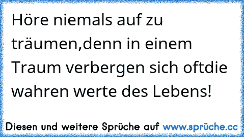 Höre niemals auf zu träumen,
denn in einem Traum verbergen sich oft
die wahren werte des Lebens!