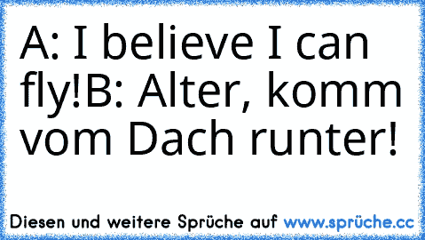 A: I believe I can fly!
B: Alter, komm vom Dach runter!