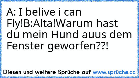 A: I belive i can Fly!
B:Alta!Warum hast du mein Hund auus dem Fenster geworfen??!