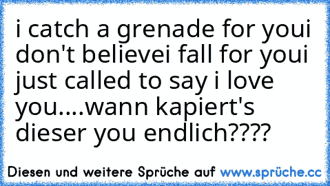 i catch a grenade for you
i don't believe
i fall for you
i just called to say i love you....
wann kapiert's dieser you endlich????