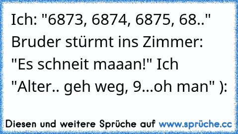 Ich: "6873, 6874, 6875, 68.." Bruder stürmt ins Zimmer: "Es schneit maaan!" Ich "Alter.. geh weg, 9...oh man" ):