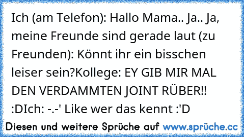 Ich (am Telefon): Hallo Mama.. Ja.. Ja, meine Freunde sind gerade laut (zu Freunden): Könnt ihr ein bisschen leiser sein?
Kollege: EY GIB MIR MAL DEN VERDAMMTEN JOINT RÜBER!! :D
Ich: -.-'
♥ Like wer das kennt :'D