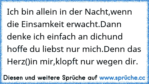 Ich bin allein in der Nacht,
wenn die Einsamkeit erwacht.
Dann denke ich einfach an dich
und hoffe du liebst nur mich.
Denn das Herz(♥)in mir,
klopft nur wegen dir.