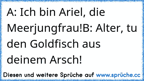 A: Ich bin Ariel, die Meerjungfrau!
B: Alter, tu den Goldfisch aus deinem Arsch!