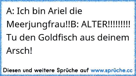 A: Ich bin Ariel die Meerjungfrau!!
B: ALTER!!!!!!!!! Tu den Goldfisch aus deinem Arsch!