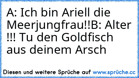 A: Ich bin Ariell die Meerjungfrau!!
B: Alter !!! Tu den Goldfisch aus deinem Arsch