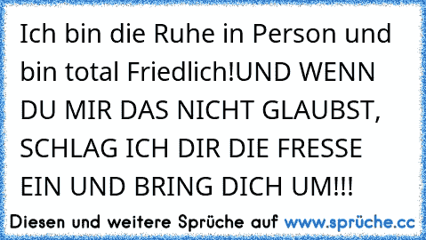 Ich bin die Ruhe in Person und bin total Friedlich!
UND WENN DU MIR DAS NICHT GLAUBST, SCHLAG ICH DIR DIE FRESSE EIN UND BRING DICH UM!!!