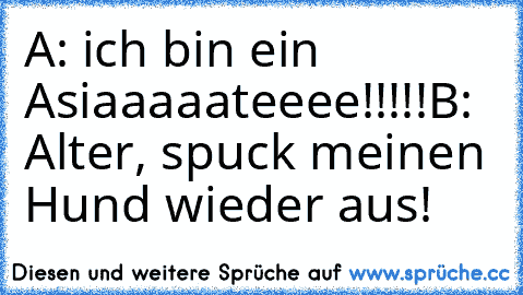 A: ich bin ein Asiaaaaateeee!!!!!
B: Alter, spuck meinen Hund wieder aus!