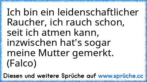 Ich bin ein leidenschaftlicher Raucher, ich rauch schon, seit ich atmen kann, inzwischen hat's sogar meine Mutter gemerkt. (Falco)