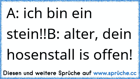 A: ich bin ein stein!!
B: alter, dein hosenstall is offen!