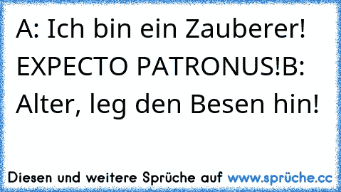 A: Ich bin ein Zauberer! EXPECTO PATRONUS!
B: Alter, leg den Besen hin!