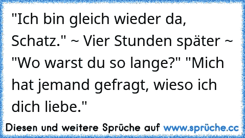 "Ich bin gleich wieder da, Schatz." ~ Vier Stunden später ~ "Wo warst du so lange?" "Mich hat jemand gefragt, wieso ich dich liebe."