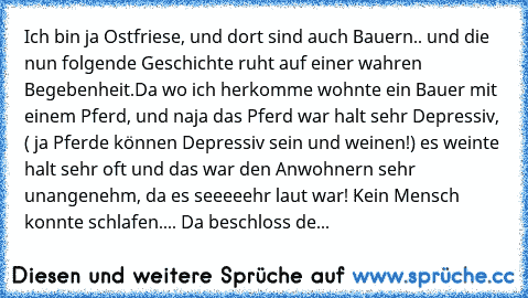 Ich bin ja Ostfriese, und dort sind auch Bauern.. und die nun folgende Geschichte ruht auf einer wahren Begebenheit.
Da wo ich herkomme wohnte ein Bauer mit einem Pferd, und naja das Pferd war halt sehr Depressiv, ( ja Pferde können Depressiv sein und weinen!) es weinte halt sehr oft und das war den Anwohnern sehr unangenehm, da es seeeeehr laut war! Kein Mensch konnte schlafen.... Da beschloss de...